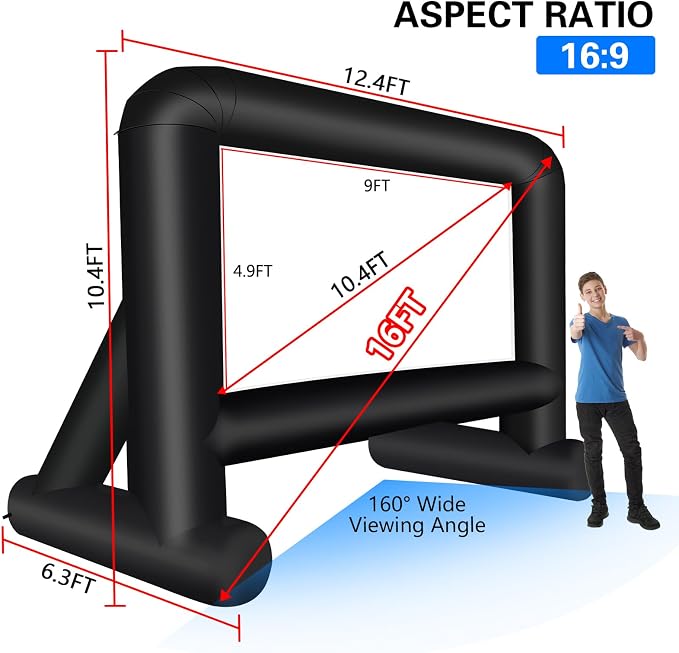 GZKYYLEGS 16ft Inflatable Movie Screen Outdoor Projector Screen with Air Blower Storage Bag - Front/Rear Projection, Easy Set Up Blow Up Screen for Backyard Movie Night, Theme Parties, Celebrations