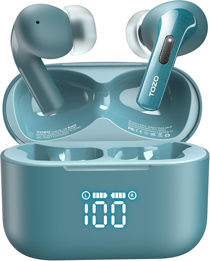 TOZO T20 Wireless Earbuds, Bluetooth 5.3 Headphones with 97H Playtime, IPX8 Waterproof, Dual Mic ENC Call Noise Cancelling, Deep Bass Sound, LED Display, Wireless Charging Case