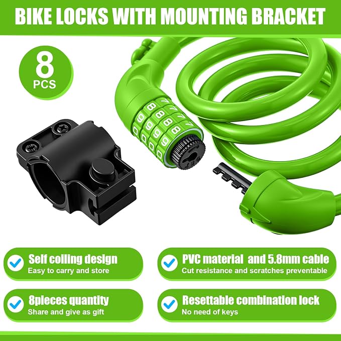 Hotop 8 Pcs Bike Locks Bulk High Security 4 Digit Heavy Duty Bicycle Cable Locks with Mounting Bracket 4 Ft Resettable Coiling Bike Lock with Combination, 1/2 Inch Diameter(Green)