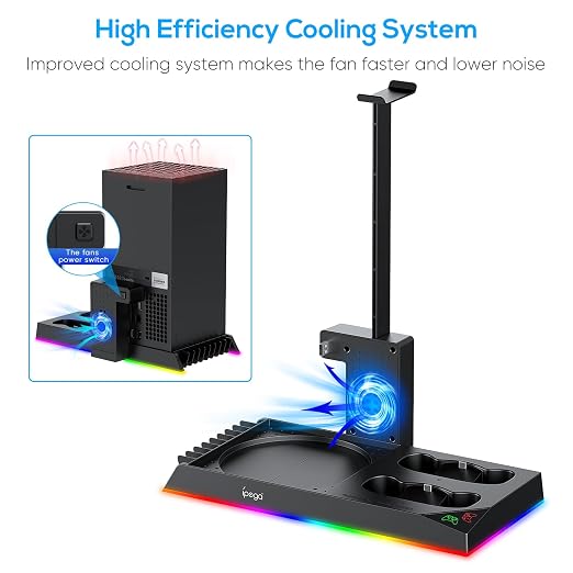 RGB Charging Stand with Cooling Fan for Xbox Series X Console &Controller,Dual Charger Station Cooler System Accessories with 15 RGB Light,2x1400mAh Rechargeable Battery,Headphone stand,Game Disc Slot