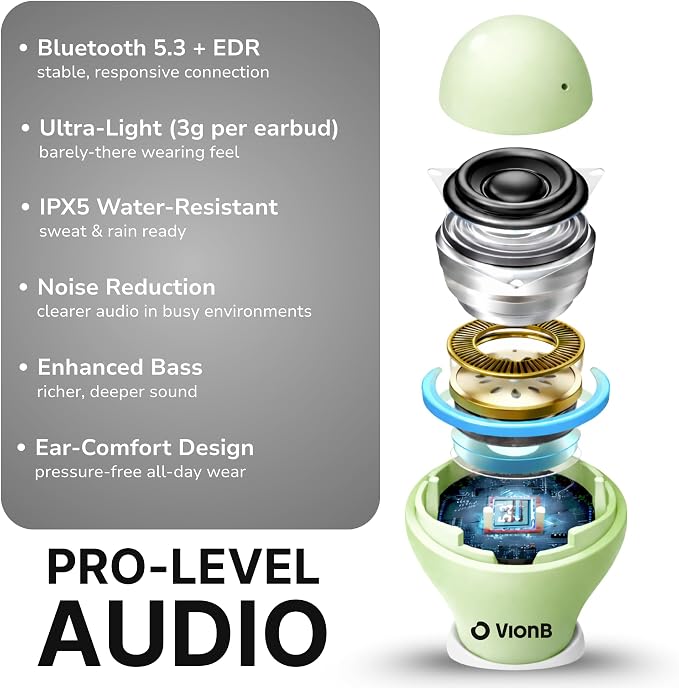 VionB Air Invisible Earbuds Wireless Bluetooth 5.4 for Small Ears, Mini Tiny Ear Buds, IPX5 Waterproof, Sound Isolating Fit, ENC Mic for Clear Calls, Discreet in-Ear Headphones (Sage Green)