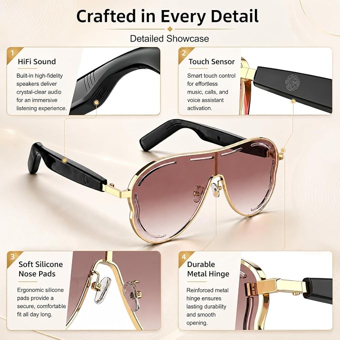 Smart Glasses for Women Men, Open Ear Audio, 7H Playtime, Mic & Speakers | Bluetooth Sunglasses, Touch Control for Sports Driving, Bilateral Power-On, Large Frame, Eye Care for Outdoor