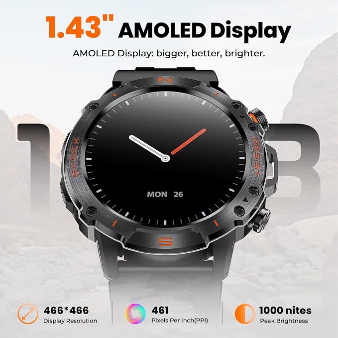 WalkerFit Outdoor Smart Watch for Men, 1.43" AMOLED Black Silicone Band, 5ATM Waterproof for Hiking Climbing Trail Run Swim, 170+ Sports, Compass Heart Rate SpO2, Adventure Watch for iPhone Android