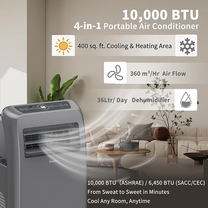 Shinco 10,000 BTU Grey Portable Air Conditioner with Heater up to 400 Sq. Ft, Ac Heater Combo Window Unit, Portable AC Unit with Dehumidifier & Fan, Cools & Heats,Remote Control and Window Kit