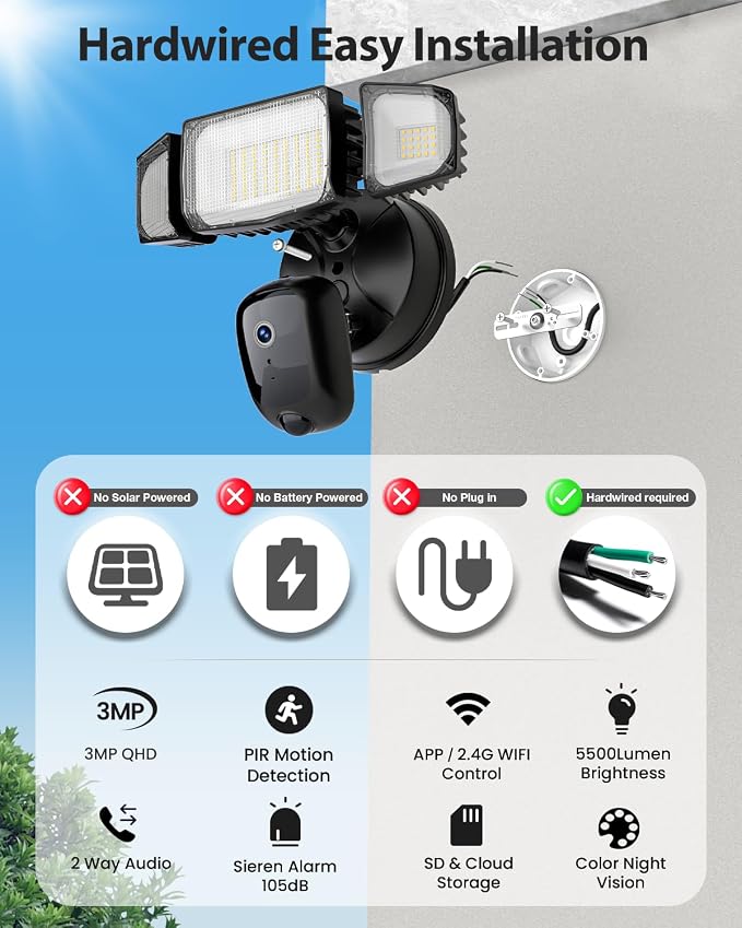 Olafus Floodlight Camera Outdoor – 2K QHD Security Cam with Motion-Activated Flood Lights, Custom Detection Zones, Color Night Vision, 2-Way Talk & 55W Dimmable Lighting Black