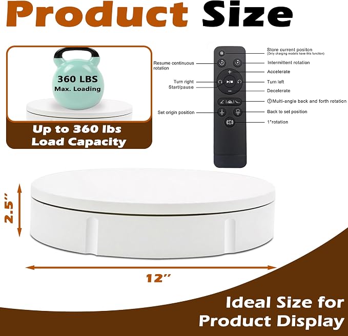 PROLEE Rotating Platform 12Inch/360lbs Capacity, 360 Degree Rotating Display Stand, Rotating Turntable for Photography, Remote Motorized Electric Turntable with 5 Colour Surface Covers and Carry Bag