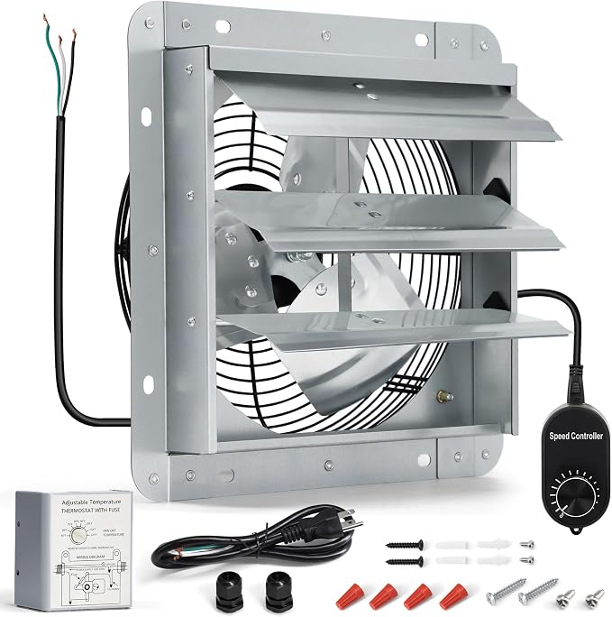 7 Inch Shutter Exhaust Fan, Wall Mount Attic Fan with Thermostat and Speed Controller for Greenhouses, Sheds, Garages, Chicken Coops, Barns Ventilation, 760 CFM