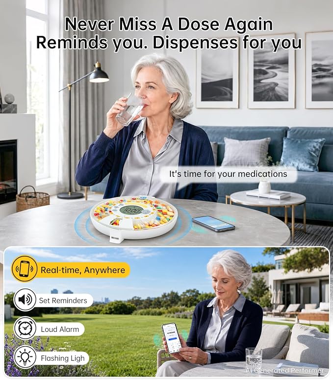 Wi-Fi Automatic Pill Dispenser 28-Day Medication Assistant for Seniors & Caregivers with Remote App Monitoring, Alarms, Sound Light Reminders, Tracks Adherence History, Clear LCD Display, Key Lock