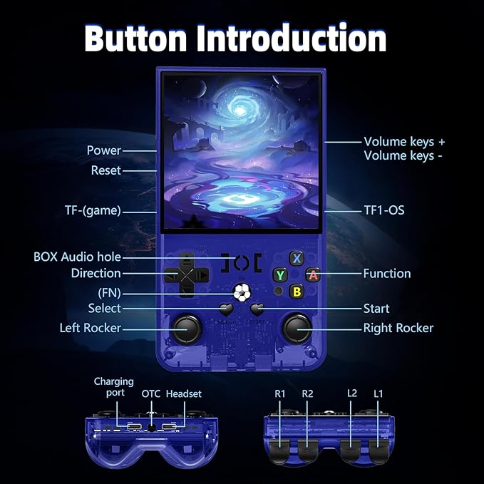 R36MAX Retro Gaming Console, Retro Handheld Games Console with 64GB TF Card, Portable Hand Held Open Source Linux System, 4.0 inch IPS HD Screen Video Game Consoles, 4000mAh Battery (Blue)