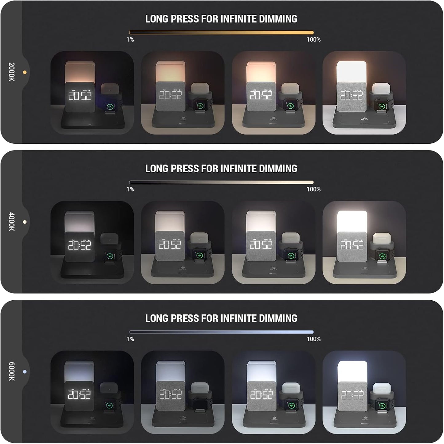 Wireless Charging Station, 3 in 1 Charging Station, Alarm Clock with Wireless Charger, Night Light, iPhone 12/13/14/15/16 Pro/13 Mini/13 Pro Max/12 pro, AirPods