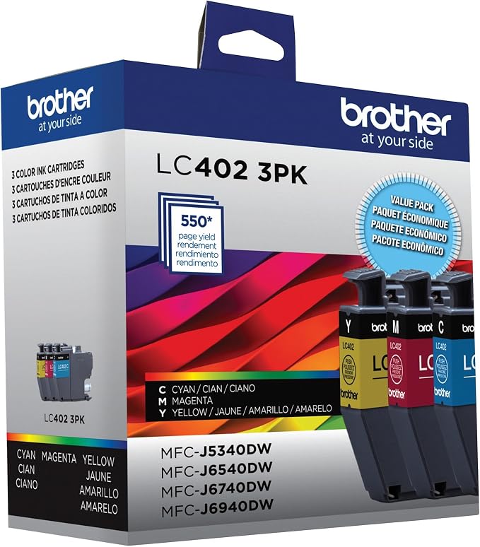 Brother Genuine LC402 3PK 3-Pack of Standard Yield Cyan, Magenta and Yellow Ink Cartridges, Black