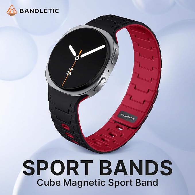Bandletic Silicone Magnetic Band Compatible with Samsung Galaxy Watch 8 40mm 44mm / 8 Classic 46mm 2025, No Gap Soft Sport Wristbands Breathable Replacement Strap for Men Women, Black/Red