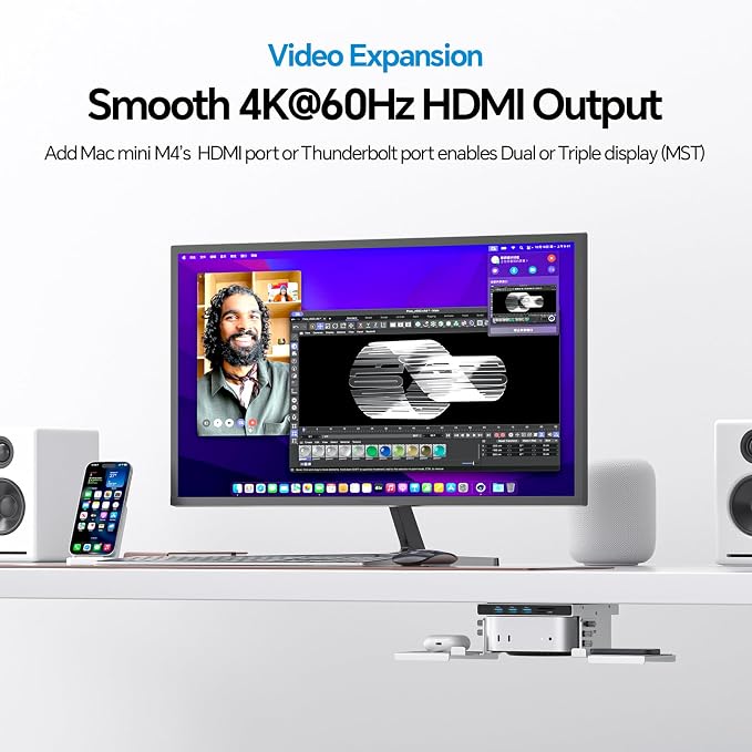 Mac mini M4 Dock & Stand with M.2 NVMe 8TB SSD Enclosure, Macmini M4 Hub with HDMI 4K 60Hz, 3 USB-A 10Gbps for Mac mini M4/M4 Pro 2024, Metal Bracket Holder for Monitor, Desk and VESA Port