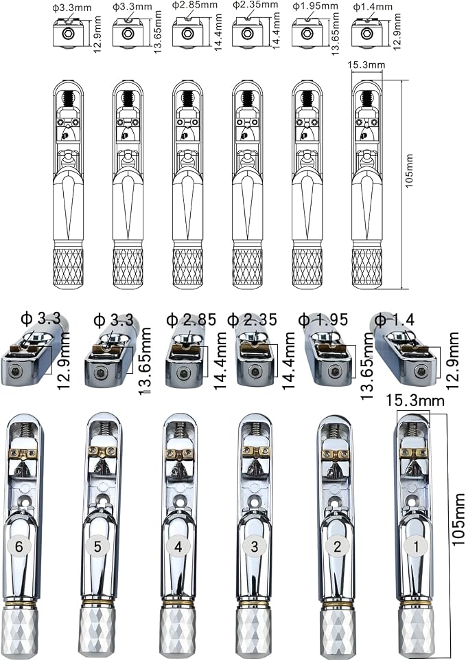 Pack of 6 Individual Single Tubular Fixed Bridge 6 String Electric Bass Bridge for Headless 6-string Bass Replacement Parts Chrome