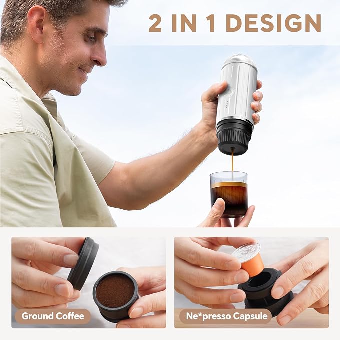 i Cafilas Portable Espresso Machine Self-Heating | Battery Powered Coffee Maker for Camping without Electricity| 2-in-1 Ground Coffee&NS Capsule|19 Bar| USB-C Fast Charge| White Coffee Maker for Car