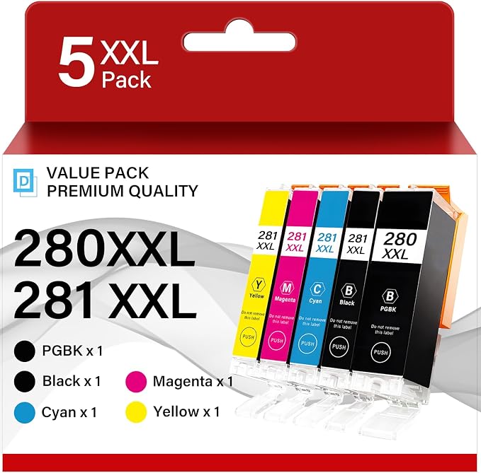 PGI-280 XXL/CLI-281 XXL Ink Cartridges 5 Color Value Pack Compatible for Canon Ink 280 and 281 Cartridges, 280XXL 281XXL Use for Pixma TR8620 TR8620a TS6320 TR7520 TS6120 TS8220 TS9520 (5 Packs)