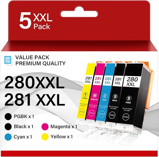 PGI-280 XXL/CLI-281 XXL Ink Cartridges 5 Color Value Pack Compatible for Canon Ink 280 and 281 Cartridges, 280XXL 281XXL Use for Pixma TR8620 TR8620a TS6320 TR7520 TS6120 TS8220 TS9520 (5 Packs)