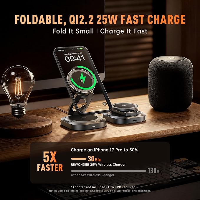 3-in-1 Foldable Qi2.2 25W Magnetic Wireless Charger Stand for iPhone Grey | 360° Rotatable Charging Station for Airpods & Apple Phone Watch Earbuds for Travel Desk Home (No Adapter)