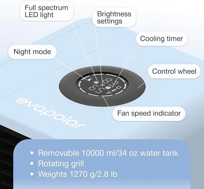 Cooling Fan for Desk and Car - Portable Evaporative Air Cooler for Camping - Small Ice Fan for Tent - Personal Air Conditioners Evalight, Blue