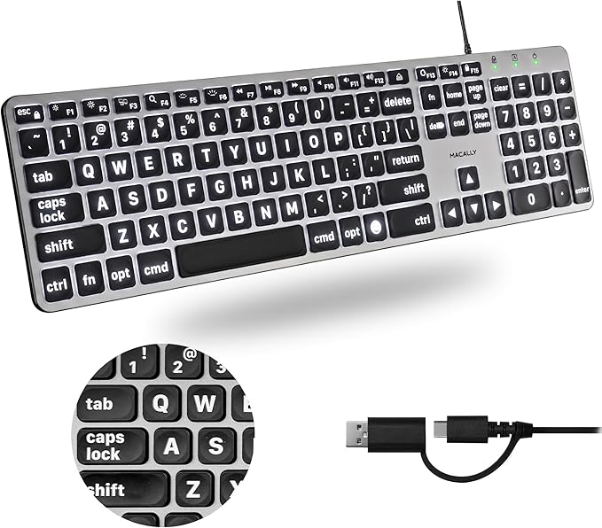 Macally Wired Keyboard for Mac (USB C + A) - Large Print and Backlit for Apple - 107 Key Full Size Large Letters USB C Keyboard for MacBook Pro/Air, Mac mini, iMac