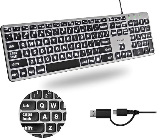 Macally Wired Keyboard for Mac (USB C + A) - Large Print and Backlit for Apple - 107 Key Full Size Large Letters USB C Keyboard for MacBook Pro/Air, Mac mini, iMac
