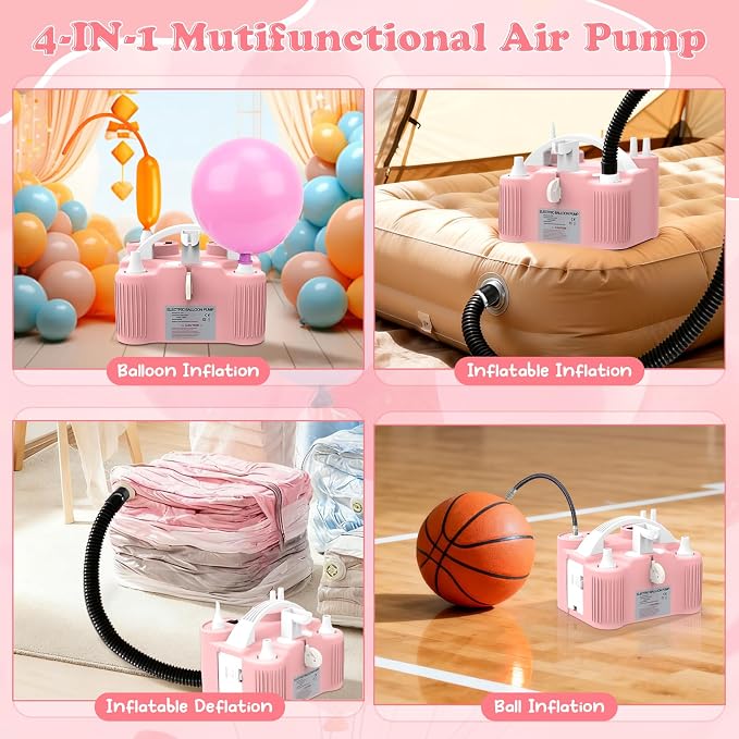 Electric Balloon Pump 4-in-1 Air Pump Portable Electric Balloon Blower Machine Dual Nozzle Quick-Fill 110V AC Inflator Deflator for Balloons Pool Floats Air Mattress Inflatables