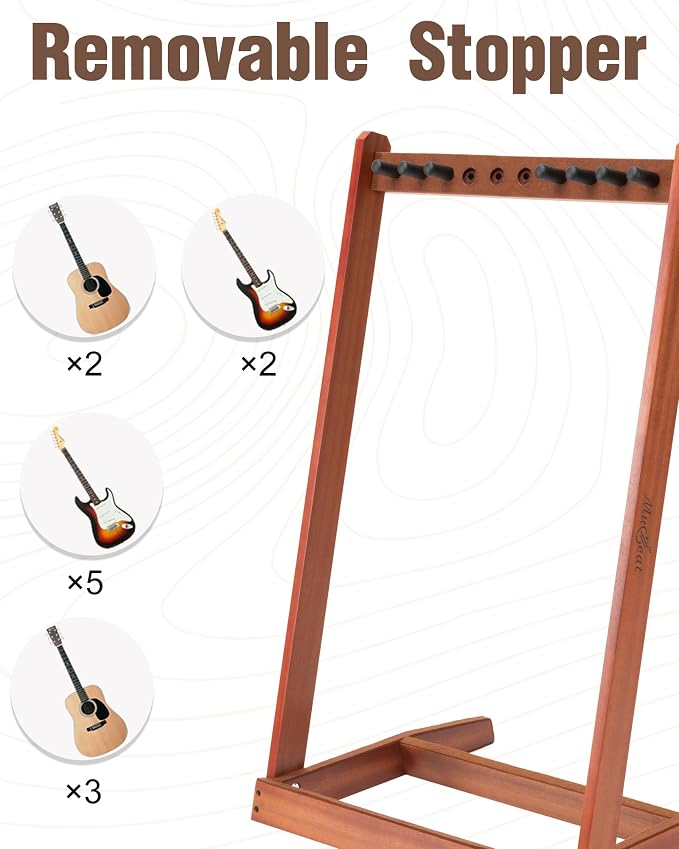 Multiple Guitar Stand, Mahogany Wood Multi Guitar Stand for 3 Acoustic, 5 Electric or 5 Bass, Hardwood Instrument Rack for Men, Wooden Floor Instrument Racks for Home Decor, Studio Display