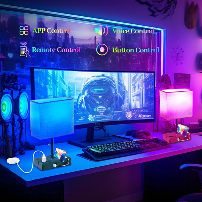 Smart RGB Dimmable Table Lamp Work with Alexa&APP&Remote Control, Bedside Desk Lamp with Charging Ports&Outlet&Phone Stand, Music Sync Nightstand Lamp for Bedroom Living Room Office Dorm, Wooden Base