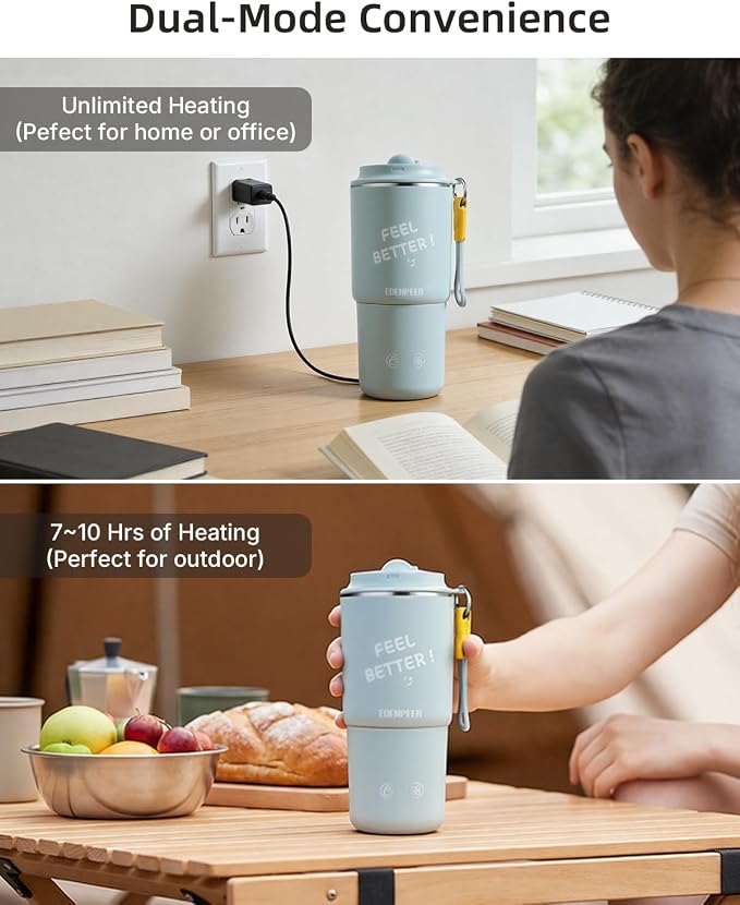 Self Heating Coffee Mug – 14oz Portable Heated Coffee Mug, 120W Fast Heating, 120°F-150°F Temp Control, 8H Heat Retention, Leak-Proof Lid, for Car, Home, Office，Gifts for Women&Men