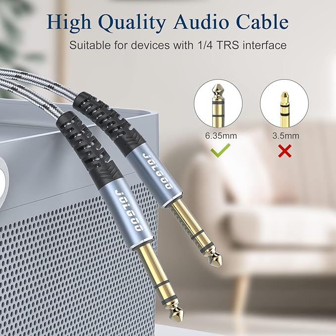 JOLGOO 1/4 Inch TRS Instrument Cable 3.3 FT 2-Pack, Quarter inch Audio Cable, 6.35 Balanced Interconnect Line for Electric Guitar, Bass, Keyboard, Mixer, Amplifier, Speaker, Electric Mandolin