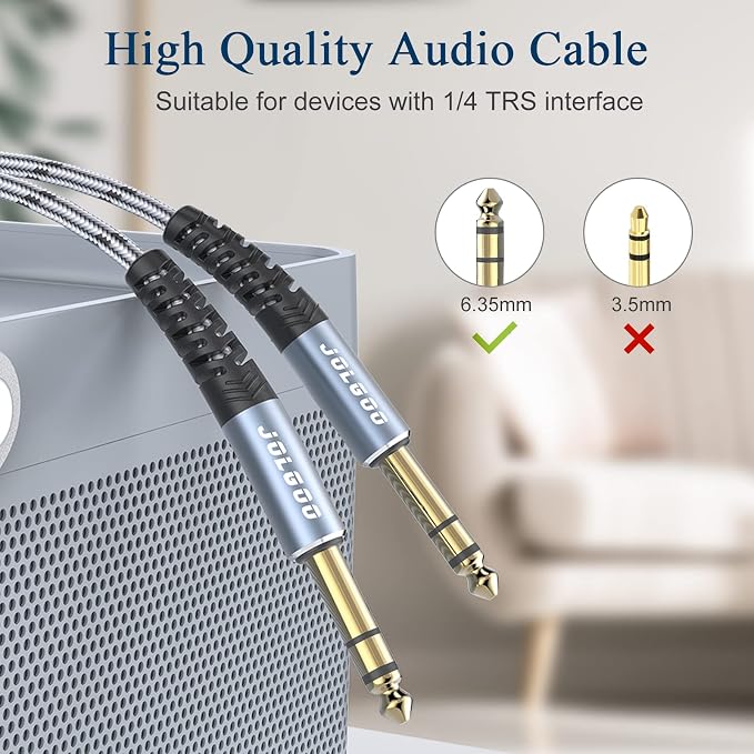 JOLGOO 1/4 Inch TRS Instrument Cable 6.6ft 2-Pack, 1/4 Guitar Cable, 6.35 Balanced Interconnect Line for Electric Guitar, Bass, Keyboard, Mixer, Amplifier, Speaker, Electric Mandolin, pro Audio