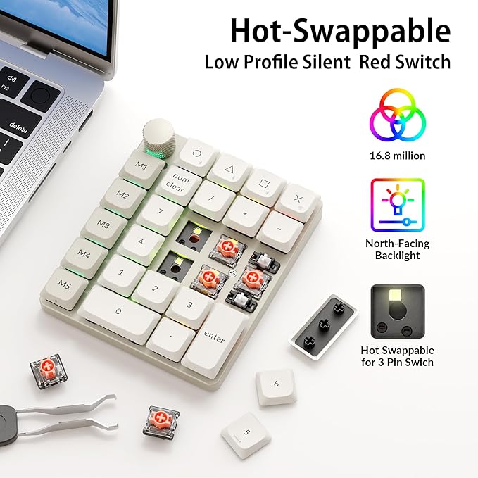 Keychron K0 Max QMK Wireless Custom Number Low-Profile RGB Backlit (Hot-Swappable) Silent Red Switch Keypad, 2.4 GHz & Bluetooth 5.3 Connection, 1000Hz Polling Rate - Retro Version