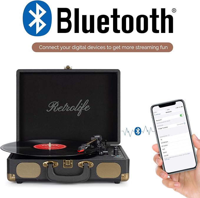 Retrolife Vinyl Record Player 3-Speed Bluetooth Suitcase Portable Belt-Driven Record Player with Built-in Speakers RCA Line Out AUX in Headphone Jack Vintage Turntable,Black