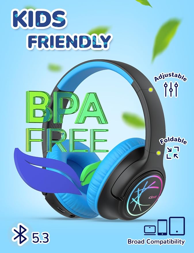iClever 2 Pack Kids Bluetooth Headphones with LED Lights, BTH18 Safe Volume 74/85dBA, 43H Playtime, Bluetooth5.3 Kids Headphones Wireless Aux Cord for iPad/Tablet/Travel/School, Purple & Black