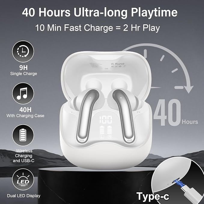 Hybrid Active Noise Canceling Wireless Earbuds, 6 Mics ENC Clear Call Ear Buds, Hi-Res Audio Deep Bass Bluetooth 5.4 Headphones, 48H Playtime, IP7, 8 EQ Modes, Multipoint Connection (White)
