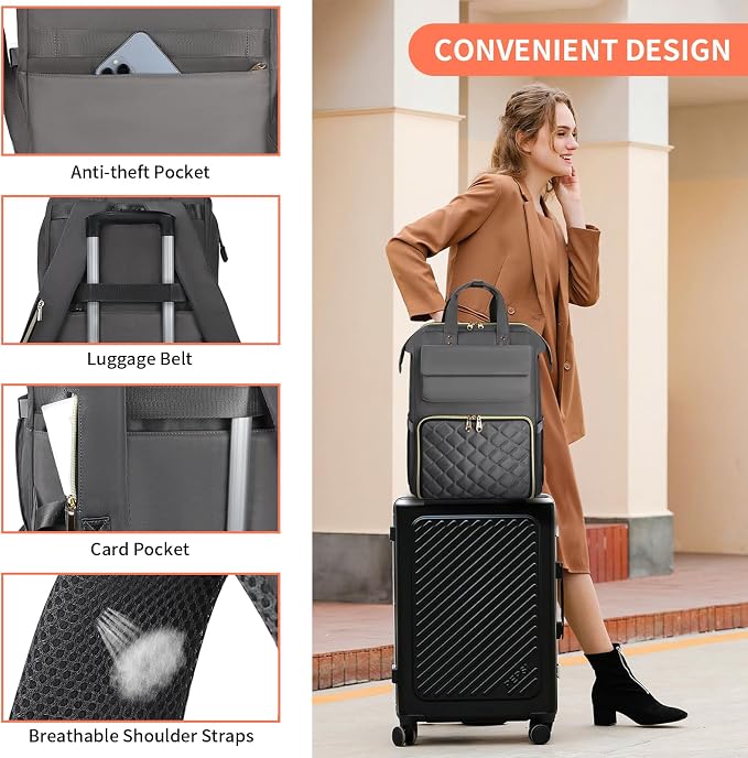 BERTASCHE Lunch Backpack for Women, 15.6 Inch Laptop Backpack with Insulated Cooler Lunch box, Nurse Backpack for Teacher Work Travel College Picnic,Grey