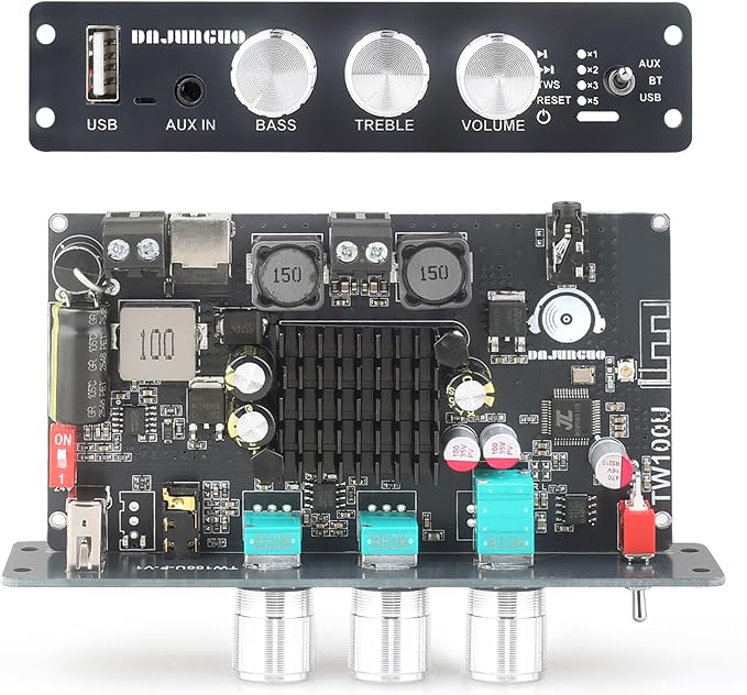 TW100U 100W Mono Amplifier Board, TPA3116D2 Digital Power Amp Module with Built-in Step-up Voltage Circuit (19V/24V), Supports TWS Wireless Pairing, Bluetooth 5.3, AUX, USB Input, DC 12-24V