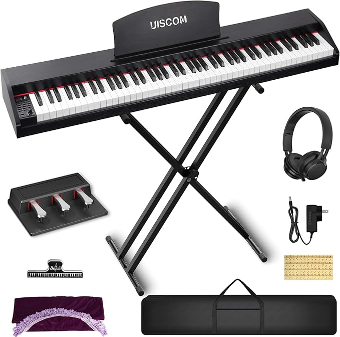 UISCOM 88 Key Digital Piano Keyboard for Beginners - Full Size Semi Weighted Wooden Electric Piano Set with Stand, Triple Pedal, Headphone,Carry Bag - Supports USB-MIDI Connecting (Wood Grain Black)