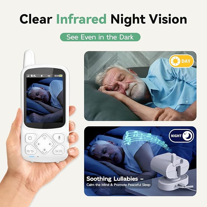 Elderly Monitor with Camera and Audio, 2-Way Talk Room Monitors for Elderly, Call Button, Med Reminder, Temp Monitoring, Night Vision, Pan-Tilt-Zoom Video Monitor for Elderly Care & Caregivers/No WiFi