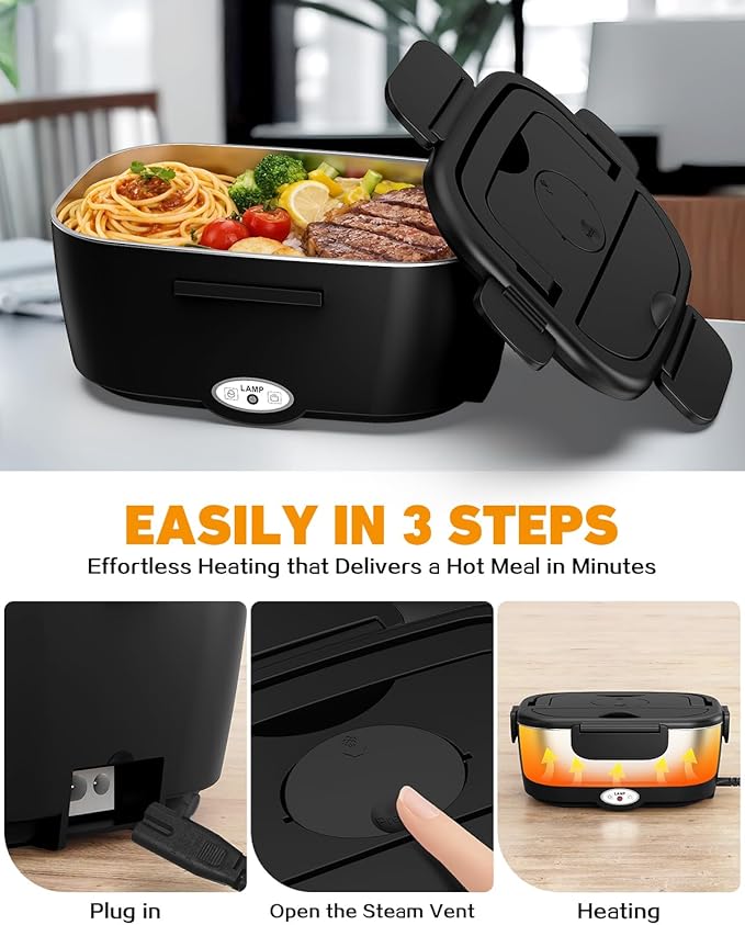 80W Electric Lunch Box Food Warmer for Car/Truck/Office, 110V/24V/12V Portable Heated Lunch Box for Adults, Dual 1.5L Stainless Steel Containers, Leak-Proof & Fast Heating, 3-in-1 Design