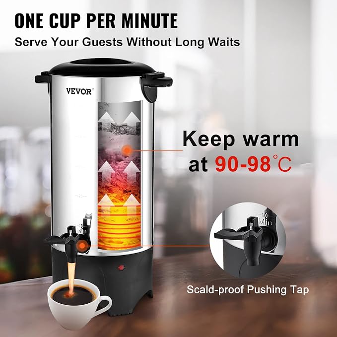 VEVOR Commercial Coffee Urn, 50 Cups/7.5L Stainless Steel Large Coffee Dispenser, 1000W 110V Electric Coffee Maker Urn For Quick Brewing, Hot Water Urn with Detachable Power Cord for Easy Cleaning