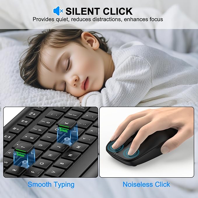 Wireless Keyboard and Mouse Combo, Full-Size Silent Ergonomic Keyboard and Optical Mouse, Long Battery Life, 2.4G Lag-Free Cordless Mice Keyboard for Windows Mac Laptop, PC-8 Packs