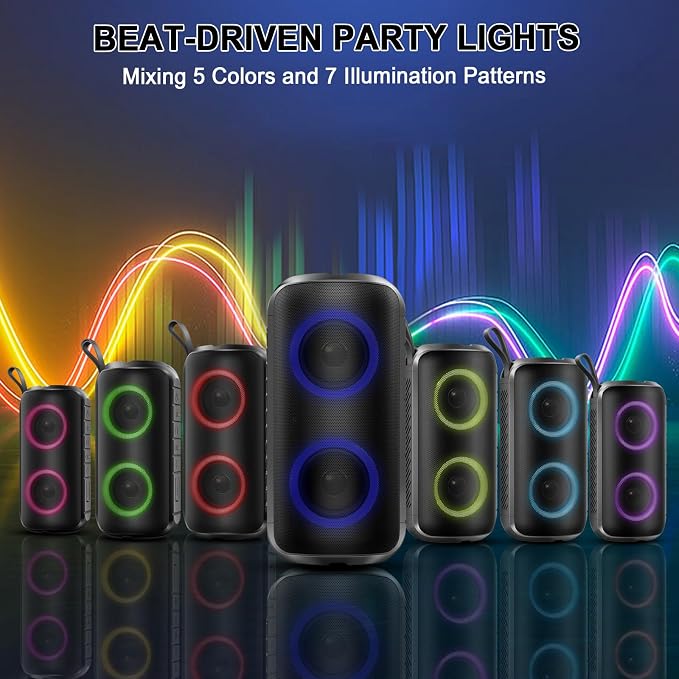 Hupoaf Bluetooth Speaker with 6D Loud Sound, 2025 New Portable Wireless Speaker, IPX7 Waterproof, RGB Lights, BT5.3, 12H Playtime, for Home/Party/Outdoor/Beach, Stocking Stuffers, White Elephant Gifts