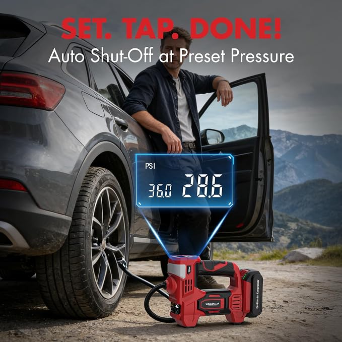 Tire Inflator Portable Air Compressor,20V Cordless Tire Inflator with 150PSI Max,4X Faster Portable Air Pump,Battery Powered Pump with Digital Pressure Gauge for Car Tires,Motorcycle,Bike,Balls