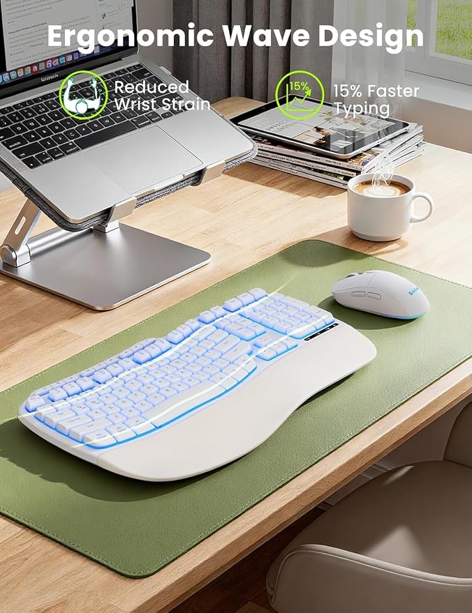 SABLUTE White Wireless Keyboard and Mouse Combo, Light up Ergonomic Keyboard Set, 2.4G Full Size Ergo Wave Key Board with Cushioned Plam Rest, Silent Mouse, for Computer/Laptop/Windows/Mac