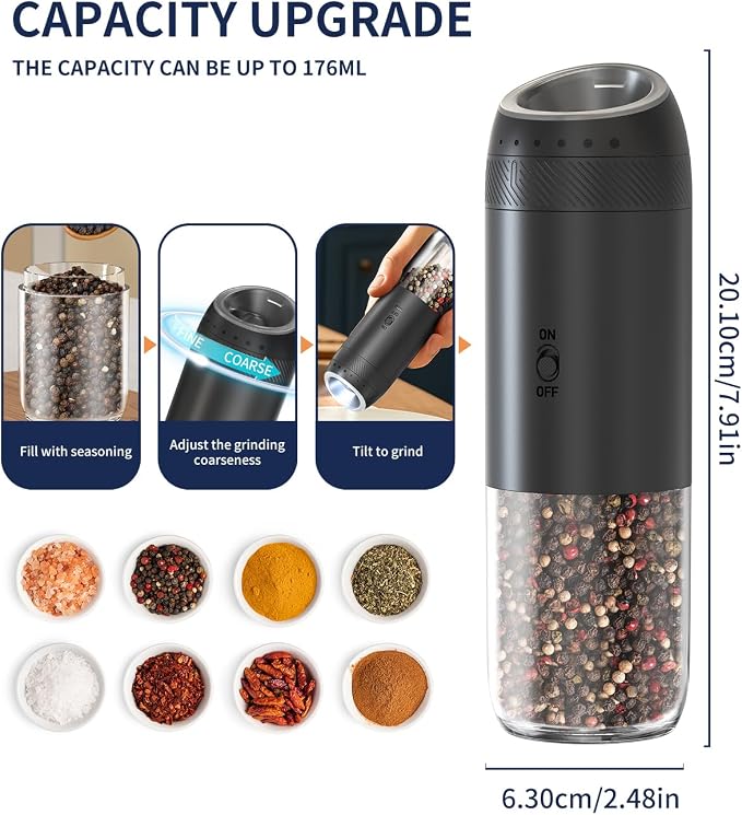 CIRCLE JOY Rechargeable Salt and Pepper Grinder Set, Gravity Sensor Electric Salt and Pepper Grinder Set with External Adjustment, 176ml Capacity and One-handed Operation, Black
