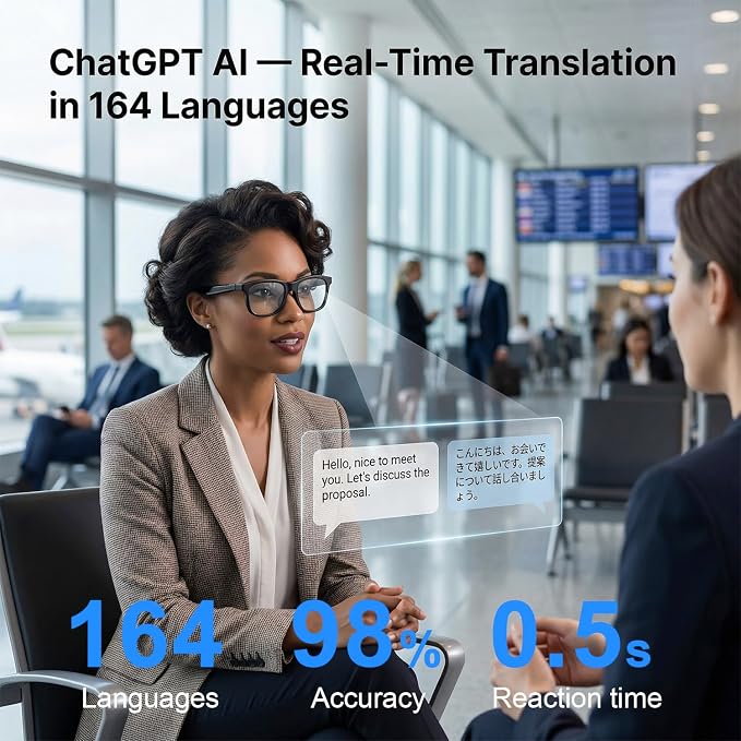 Electrochromic AI Glasses for Men & Women, Bluetooth Smart Glasses Powered by ChatGPT, AI Real-time Translation with 164 Languages, Music Play, Hands-Free Calls, Sunglasses for Daily Use, Travel