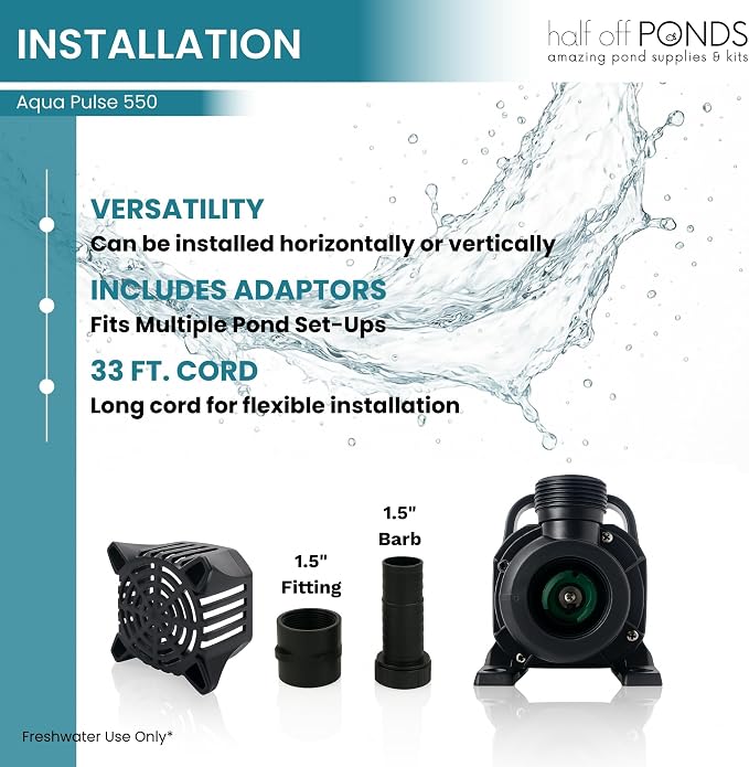 Aqua Pulse Submersible Pond Pump, 550 GPH, 33 ft Cord | 11 ft max head, 54W energy efficient, Ultra quiet, For koi ponds, Waterfalls, Fountains