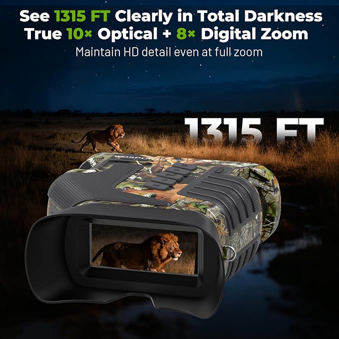 WOSPORTS 4K Night Vision Goggles – up to 80X Total Magnification, 10X Optical + 8X Digital Zoom, 1315FT Vision Range, 64GB TF Card, 5000mAh Rechargeable Battery, IPX Waterproof NVG, Gifts for Men