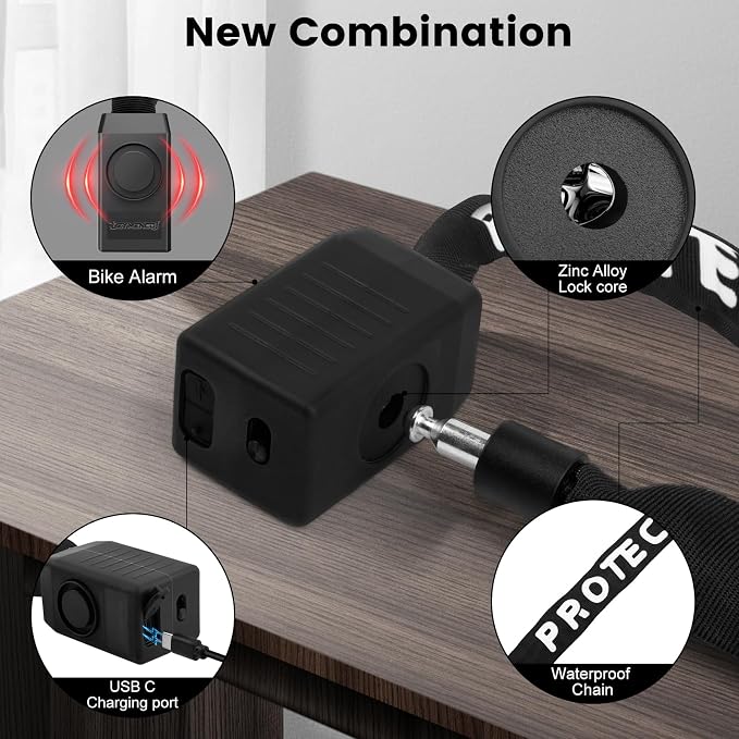 Bike Lock with Alarm – 110dB Anti-Theft Bike Alarm, 4FT x 8mm Heavy Duty Chain with Keys for Bicycle/E-Scooter/Motorcycle